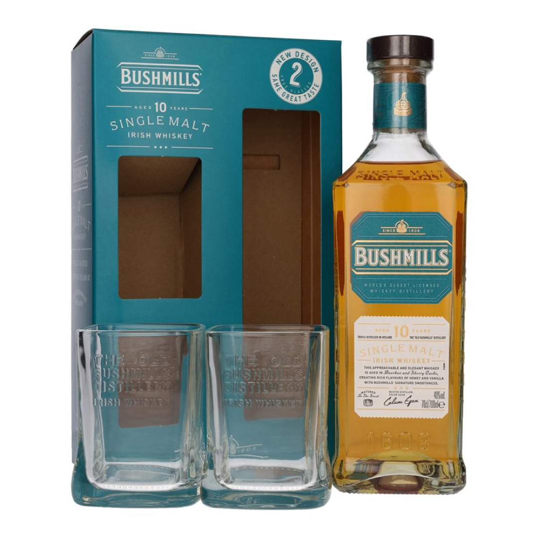 Gift Box Виски Bushmills Single Malt 10Y 0,7L + кутија & 2 чаши