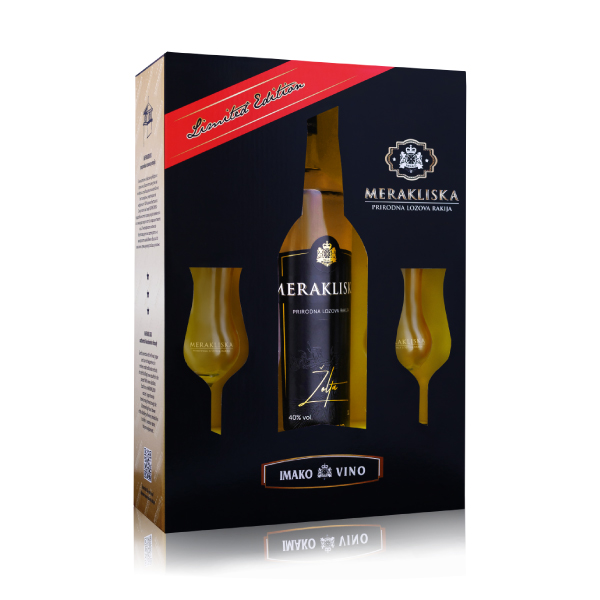 Gift Box Ракија Imako Merakliska lozova zolta 1L со 2 чаши